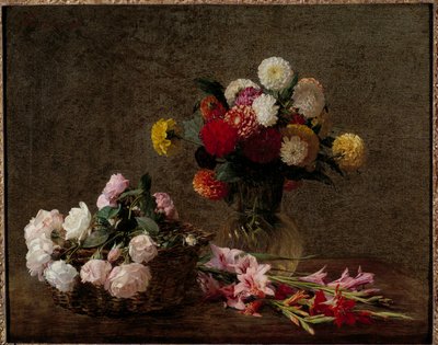 Bir sepet içinde Dahlias ve güller Tablo Henri Fantin Latour (Fantin-Latour) by Ignace Henri Jean Fantin Latour