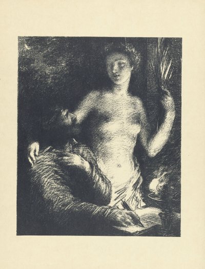 Elinde kalem ve açık bir kitapla oturan adam ve yanında bir ilham perisi veya İlham İlhamı L'Epreuve olarak duran çıplak kadın (seri başlığı) by Ignace Henri Jean Fantin Latour