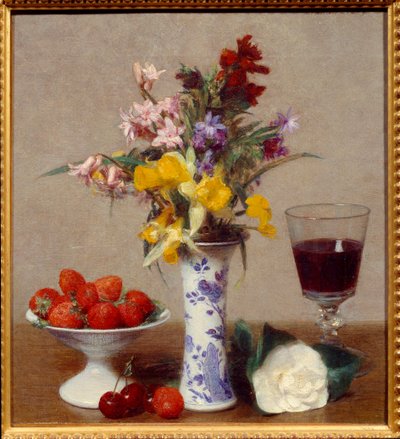 Nişan denilen natürmort Bir kadeh kırmızı şarap, bir buket melanj, kiraz ve çilek. Henri Fantin Latour