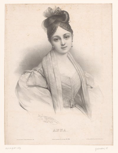 bir minibüs Anna Anna (nesne üzerindeki başlık) Dames, namen volgens het alfabet ile tanıştı (seri başlığı) Bayan Alfabesi veya Yirmi Beş Fantastik Portre Koleksiyonu (seri başlığı) by Henri Grevedon