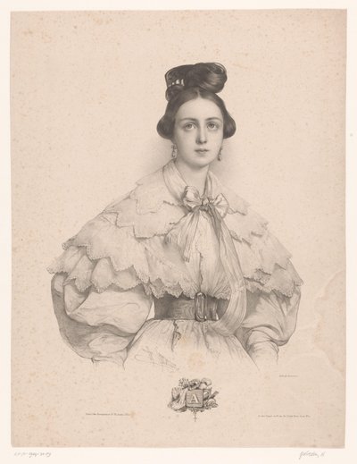A harfi ile adı olan genç kadın A (nesne üzerindeki başlık) Alfabenin her harfi için bayanlar (dizi başlığı) Le Miroir des Dames, ou yeni alfabe français (dizi adı) by Henri Grevedon