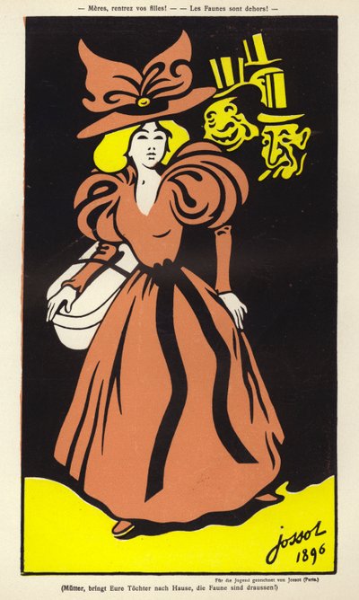 Anneler, kızlarınızı getirin! Faunlar dışarıda! (renkli taşbaskı) by Henri Gustave Jossot