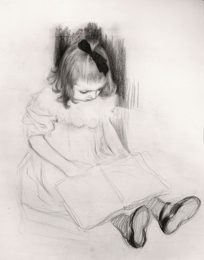Kız okuma (kağıt üzerine mum boya) by Henri Jacques Edouard Evenepoel