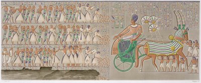 Sarayın peristilinin güney galerisinden renkli taban kabartmaları, Antoine Phelippeaux (b.1767) 1822 (aquatint) tarafından oyulmuş 'Descriptions of Egypt', Cilt II'den 12 numaralı levha by Henri Joseph (after) Redoute