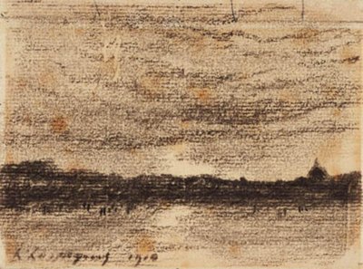 Bir şehre doğru suya bakan gün batımı manzarası by Henri Joseph Harpignies