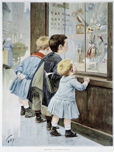 La Temptation: Çocuklar bir vitrinin önünde oyuncaklara bakıyor - hasta. Geoffroy tarafından, “” Figaro resimli””” by Henri Jules Jean Geoffroy