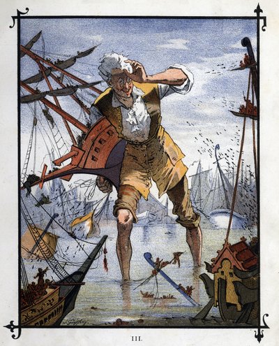 Lemuel Gulliver, Lilliput ve Blefuscu gemileri arasındaki deniz savaşının merkezinde. Jonathan Swift (1667-1745) tarafından “” Gulliver