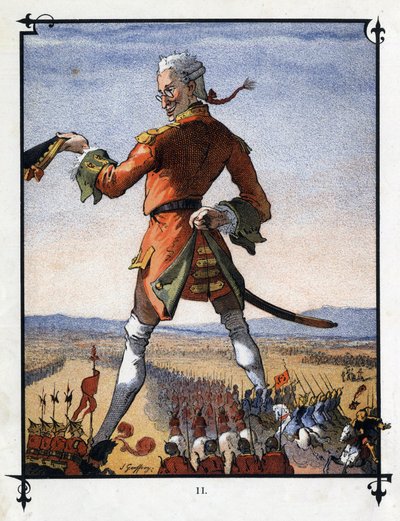 Lemuel Gulliver, Lilliputluların ordusuna komuta ediyor. Jonathan Swift (1667-1745) tarafından “” Gulliver