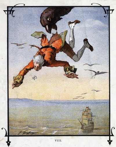 Lemuel Gulliver bir kartal tarafından sürüklenir. Jonathan Swift (1667-1745) tarafından “” Gulliver