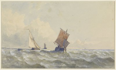 Üç yelkenli gemiyi gösteren açık denizlerin görünümü by Henri Le Hon