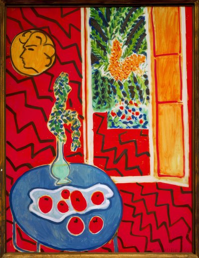 Kırmızı iç mekan, mavi masa üzerinde natürmort by Henri Matisse