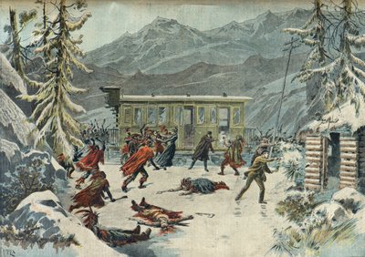 Kızılderililer tarafından trene yapılan saldırı, Le tour du monde en 80 jours adlı eserden, Paris 1898 (Gravür) by Henri Meyer