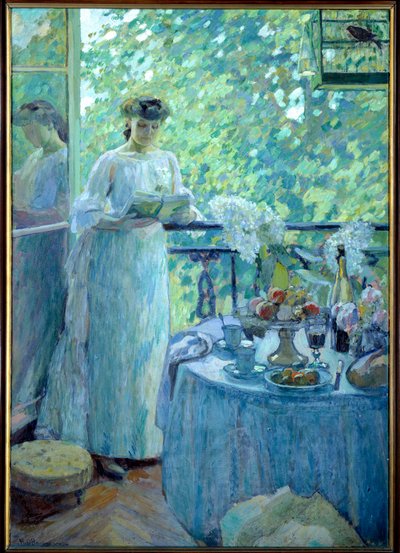 Madam O. balkonda Burjuva bir iç mekanda genç bir kadın kitap okuyor, masaya kahvaltı servisi yapılıyor. Henry Ottmann tarafından boyama by Henri Ottmann