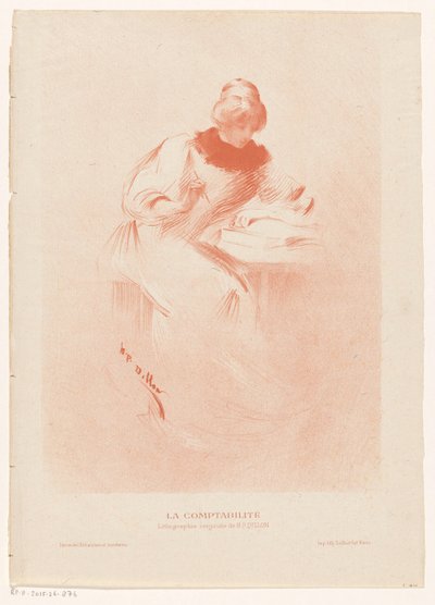 Masanın arkasında açık bir kitap, elinde bir kalem olan kadın La comptableité (nesne üzerindeki başlık) by Henri Patrice Dillon