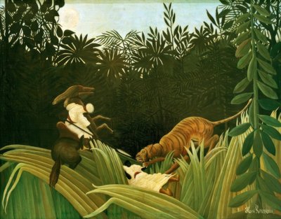Bir kaplan tarafından saldırıya uğrayan izciler by Henri Rousseau