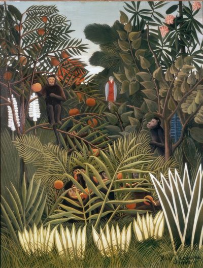Maymunlar ve bir papağan ile egzotik manzara by Henri Rousseau