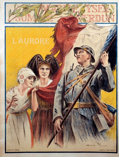 L'Aurore: Birinci Dünya Savaşı sırasında Alsace ve Lorraine'i temsil eden iki kadınla propaganda afişi (Alsace-Lorraine) by Henri Royer