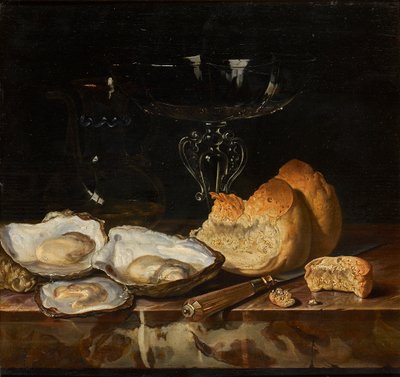 İstiridye, ekmek ve Venedik şarap kadehi ile natürmort, 1661. by Henri de Fromantiou