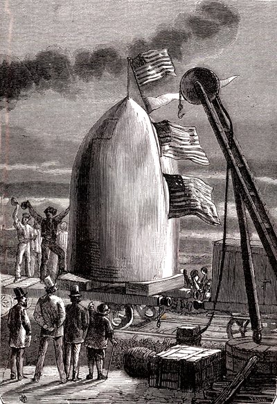 Dev silah mermisi, Jules Verne'in "Dünyadan Ay'a" adlı eseri Ay'a ateşlenmek üzere Stone's Hill'e ulaştı. by Henri de Montaut