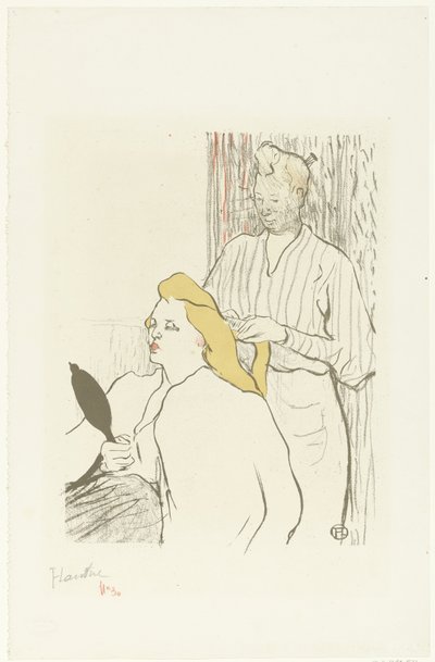 Kuaför elinde aynayla oturan kadının saçını tarıyor. Le kuaför Programı du Théâtre Libre by Henri de Toulouse Lautrec (signed by artist)