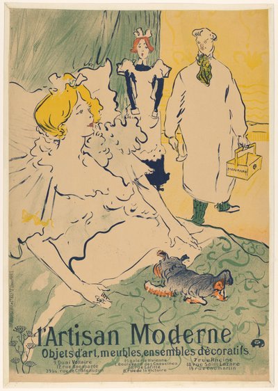 Yataktaki kadın doktor L'artisan moderne tarafından ziyaret edilir. Obje d'art, mobilya, ensembles decoratifs (nesne üzerindeki başlık) by Henri de Toulouse Lautrec