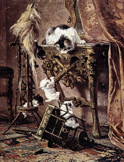Bir kedi, yavrularını oynarken izliyor - Henriette Ronner by Henriëtte Ronner Knip