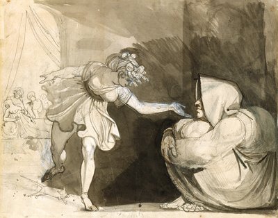 Galinthias, Herakles'in Doğumunu Duyurarak Eileithyia'yı Zekice Alt Eder (Verso: Bayan Fuseli'nin Portresi) (beyaz kağıt üzerine beyazla güçlendirilmiş grafit, mürekkep ve mürekkep yıkamaları) by Henry (1741 1825) Fuseli