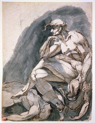 İki Ölü Kadınla Birlikte Adam, c.1772 (kağıt üzerine gri boya ile kalem ve kahverengi mürekkep) by Henry (1741-1825) Fuseli