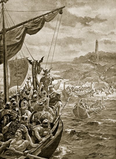 Danimarkalıların İrlanda'ya saldırısı, 'Hutchinson's Story of the British Nation'dan bir örnek, c.1920 (lito) by Henry Payne