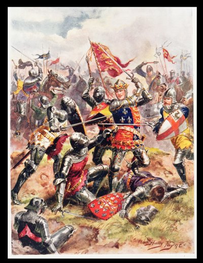 Kral Henry V (1387-1422) Kahramanca Cesaretle Savaşıyor, Binbaşı CH Wylly'nin 'İngiliz Tarihinin Şanlı Savaşları'ndan bir çizim, 1920'ler by Henry A. Payne