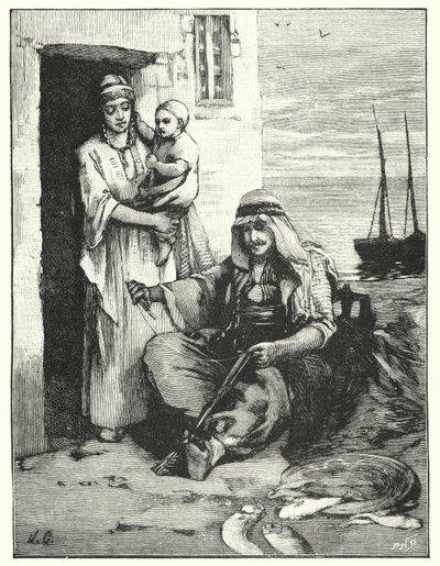 Ağlarını onaran bir balıkçı, Tiberias Denizi (lito) by Henry Andrew Harper
