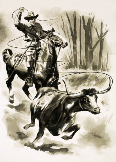 Bir kovboy bir kement ile at sırtında bir dümen ipi by Henry Charles Fox