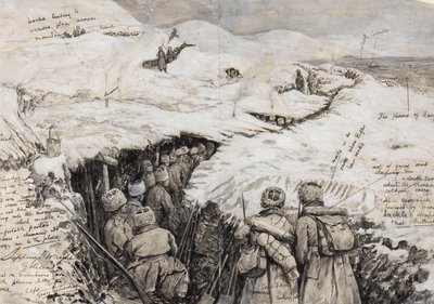 Galiçya, karla kaplı tepelerde Rus birlikleri, 13 Mart 1916 (kağıt üzerine mürekkep ve guaj boya) by Henry Charles Seppings Wright