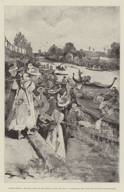Henley Regatta, Diamond Sculls için Final Heat (Ten Eyck - Blackstaffe), Grosvenor Club Muhafazasından görüntülendi by Henry Charles Seppings Wright