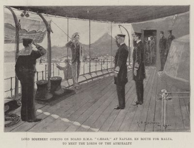 Lord Rosebery, Amirallik Lordları ile buluşmak üzere Malta Yolunda, Napoli'de HMS Caesar'a biniyor by Henry Charles Seppings Wright