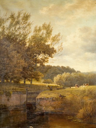 Bir Kilitte Balık Tutan Çocukla Ormanlık Manzara, 1931. by Henry Cheadle