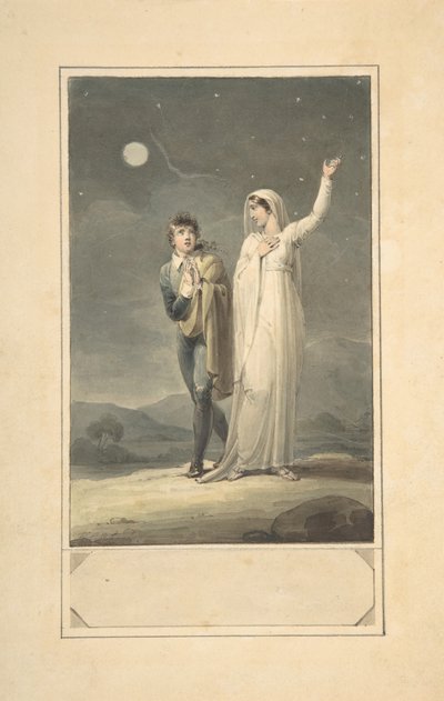 Oyulmuş bir kitap illüstrasyonu için İki Figürlü Gece Manzarası tasarımı, 1807-44. by Henry Corbould