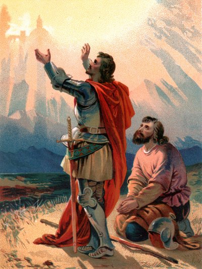 "Unvanlı hacı Christian, kendisi ve arkadaşı Kutsal Şehir'in görüş alanına vardığında şaşkınlık içinde diz çöküyor" by Henry Courtney Selous