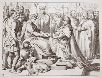 Hereward Kral'a nasıl geldi, Charles Kingsley tarafından yazılan Büyük Hereward'dan örnek, pub. 1870, CG Lewis tarafından oyulmuş (çelik levha gravürü) by Henry Courtney Selous