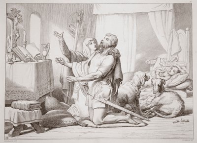 Torfrida Hereward'a dua etmeyi nasıl öğretir, Charles Kingsley tarafından yazılan Büyük Hereward'dan bir örnek, pub. 1870, CG Lewis tarafından oyulmuş (çelik levha gravürü) by Henry Courtney Selous