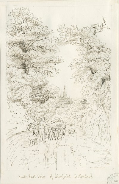 Lichfield Katedrali - Güney Doğu Görünümü (uzaktan): karakalem, ve [19.yüzyıl] (çizim) by Henry Curzon Allport