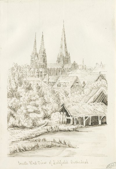 Lichfield Katedrali - Güney Batı Görünümü: karakalem, nd [?1788-1855] (çizim) by Henry Curzon Allport