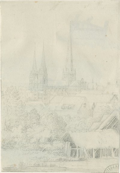 Lichfield Katedrali - Güney Batı Görünümü: karakalem, nd [?1788-1855] (çizim) by Henry Curzon Allport