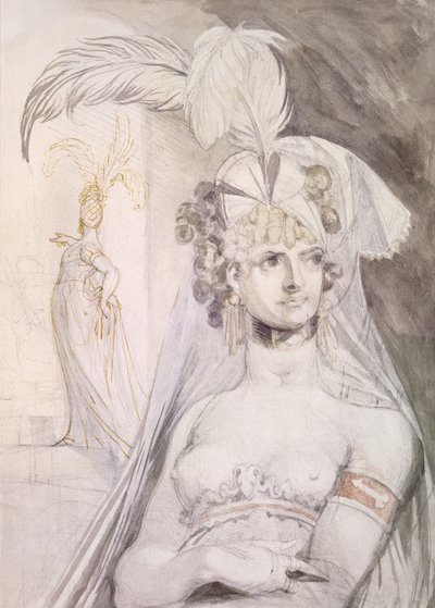 Saçında Tüylü, Fiyonklu ve Peçeli Yarım Fahişe Figürü, 1800-10 (kağıt üzerine kalem, wc ve mürekkep) by Johann Heinrich Füssli