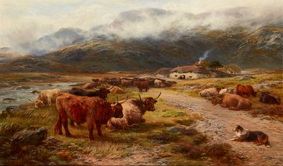 Highland Drove Resting, Argyllshire (tuval üzerine yağlı boya) by Henry Garland