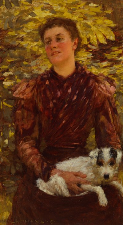 Köpekli Genç Kız (tuval üzerine yağlı boya) by Henry Herbert La Thangue