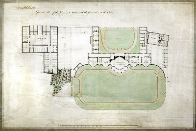 Brighthelmstone veya Brighton Pavilion - mimar Henry Holland (1745-1806), c.1801 (kağıt üzerine suluboya) tarafından uzantıyı gösteren, zeminli ev ve ahırların genel planı by Henry Holland