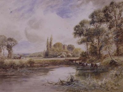 Çayırlar ve Sığır İçme ile Manzara (kağıt üzerine suluboya) by Henry John Kinnaird