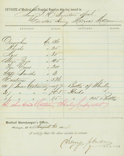 Tıbbi ve hastane mağazalarının faturası, imzalı Henry Johnson, 30 Ağustos 1864 by Henry Johnson