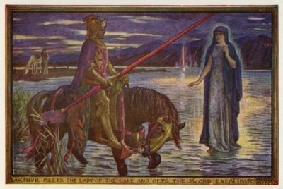 Arthur, Gölün Hanımı ile tanışır ve Excalibur Kılıcını (renkli taş) alır. by Henry Justice Ford